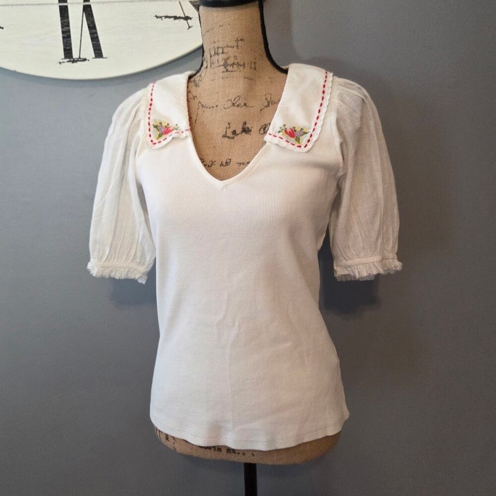 Anthropologie embroidered collar floral balloon short sleeve white top M